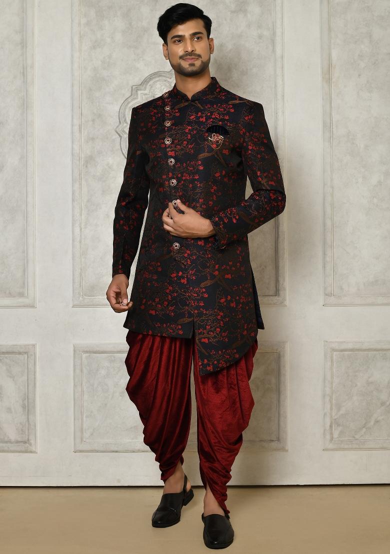 Red Embroidered Jacquard Indo Western Sherwani Set For Men