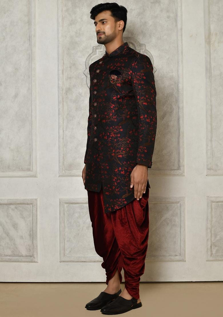 Red Embroidered Jacquard Indo Western Sherwani Set For Men