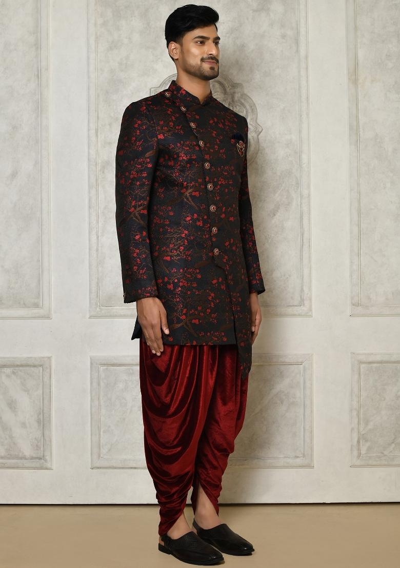 Red Embroidered Jacquard Indo Western Sherwani Set For Men