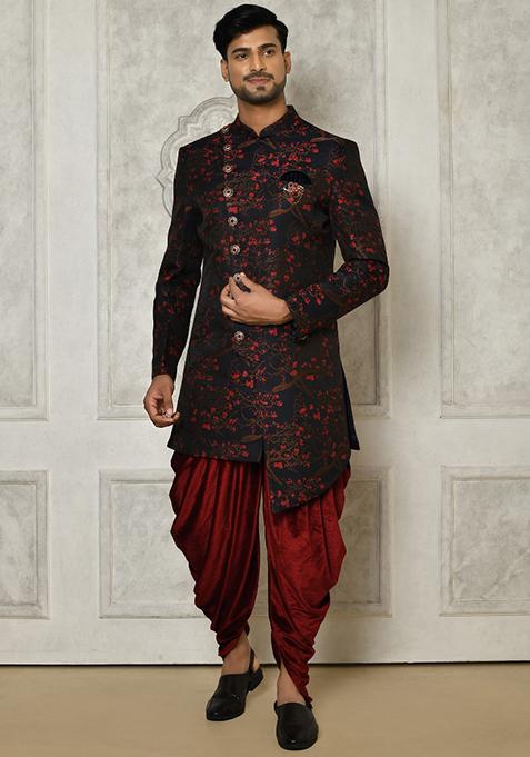 Red Embroidered Jacquard Indo Western Sherwani Set For Men