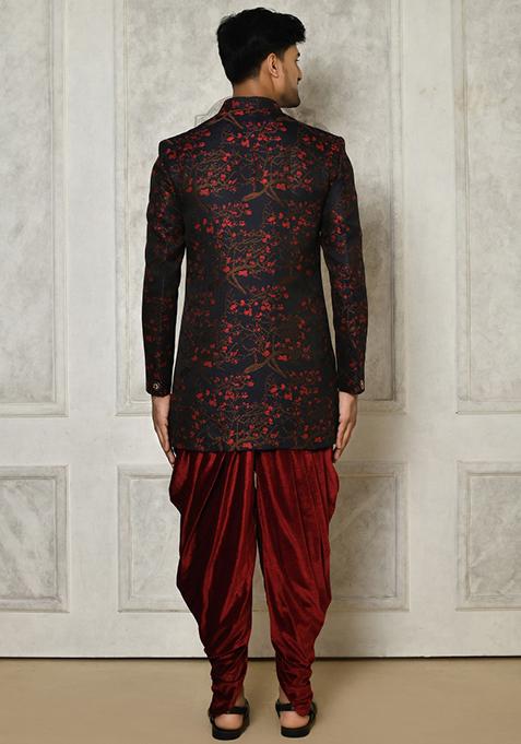Red Embroidered Jacquard Indo Western Sherwani Set For Men