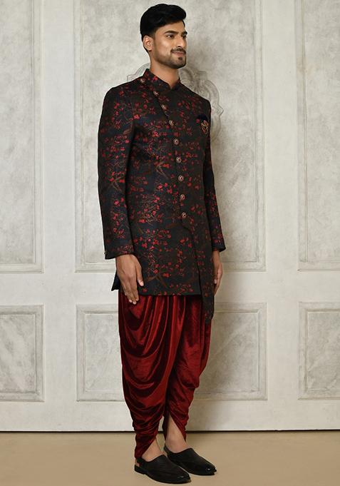 Red Embroidered Jacquard Indo Western Sherwani Set For Men