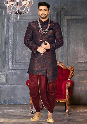 Red Embroidered Jacquard Indo Western Sherwani Set For Men