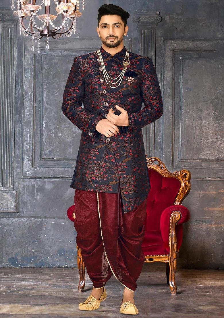 Red Embroidered Jacquard Indo Western Sherwani Set For Men