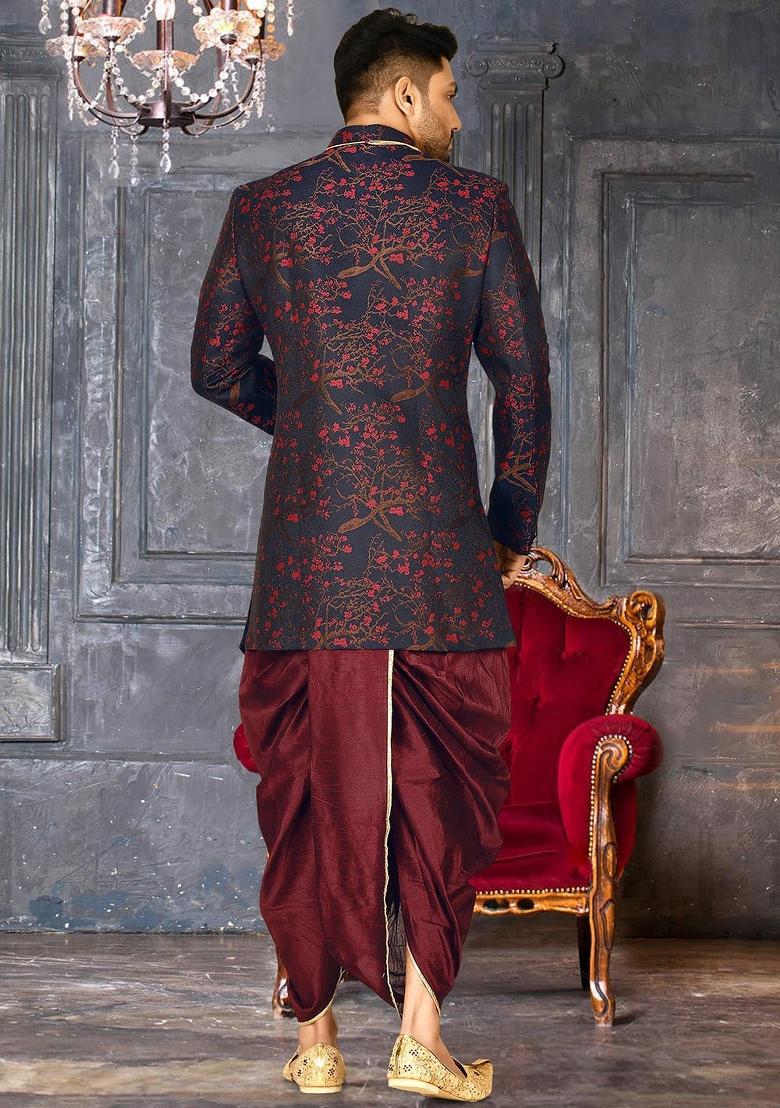 Red Embroidered Jacquard Indo Western Sherwani Set For Men