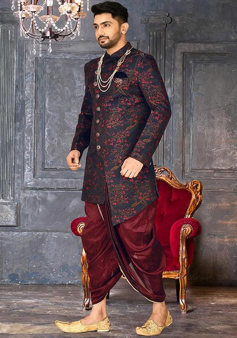 Red Embroidered Jacquard Indo Western Sherwani Set For Men