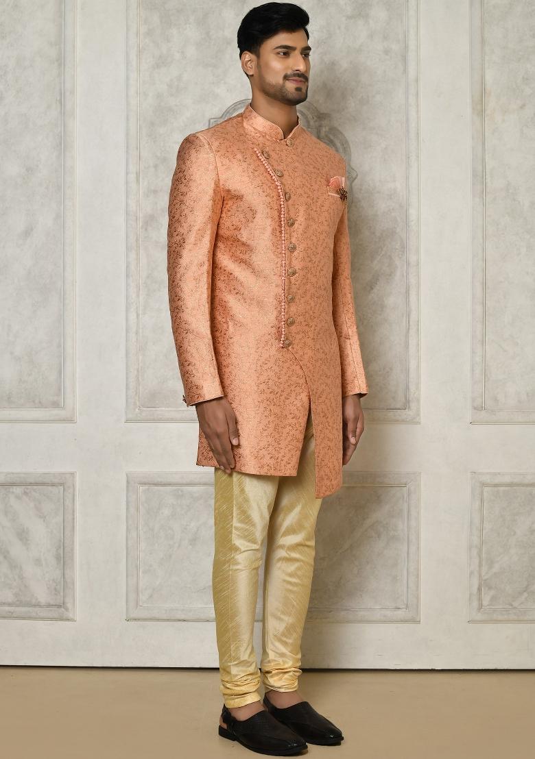Peach Embroidered Jacquard Indo Western Sherwani For Men