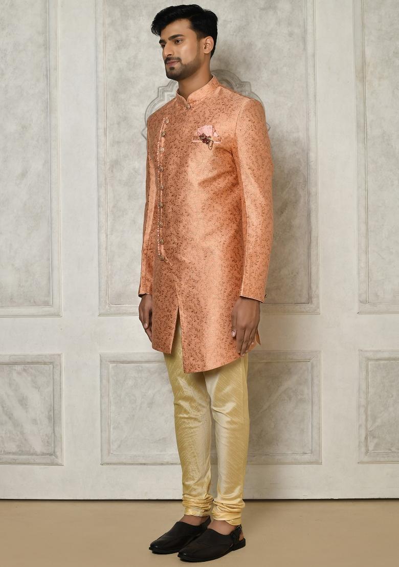 Peach Embroidered Jacquard Indo Western Sherwani Set For Men