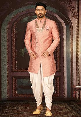 Peach Embroidered Jacquard Indo Western Sherwani Set For Men