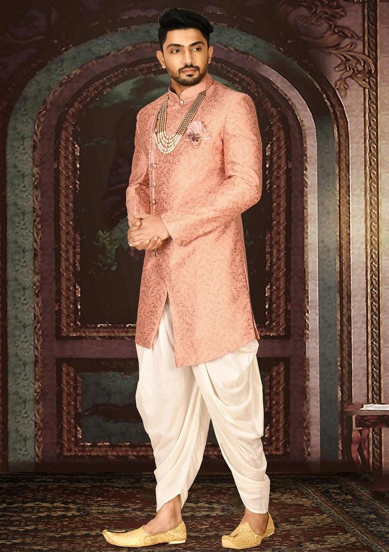Peach Embroidered Jacquard Indo Western Sherwani Set For Men