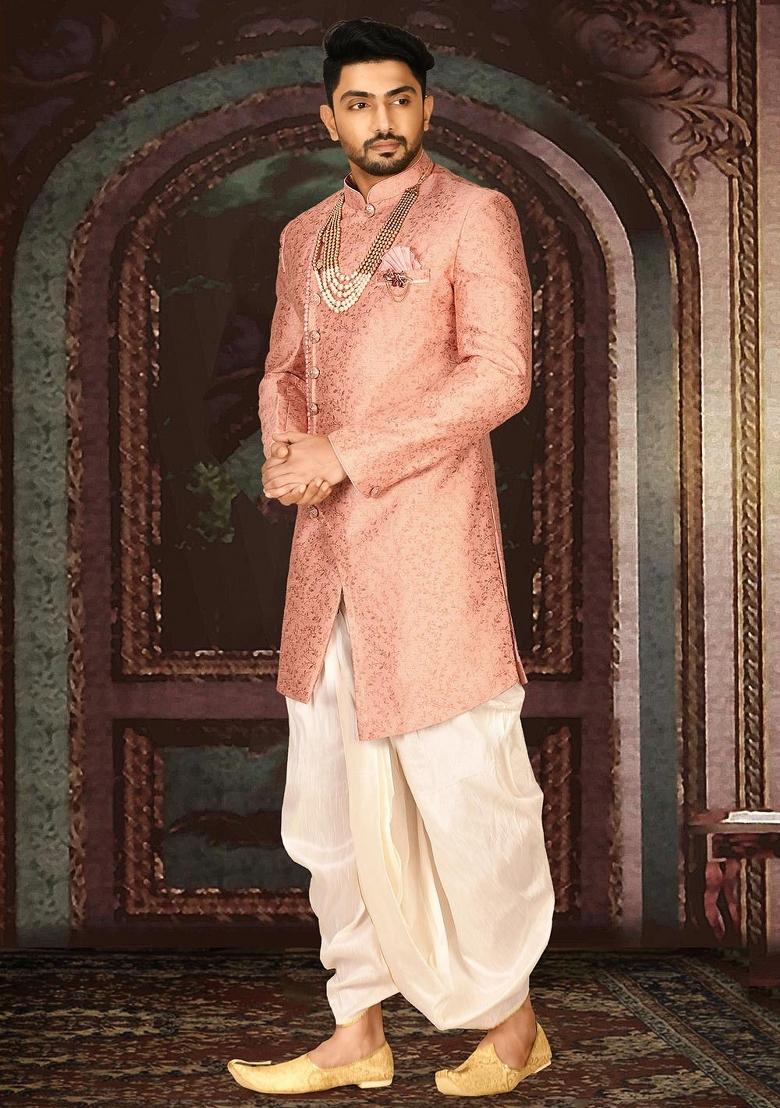Peach Embroidered Jacquard Indo Western Sherwani Set For Men
