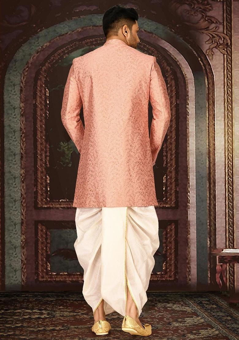 Peach Embroidered Jacquard Indo Western Sherwani Set For Men