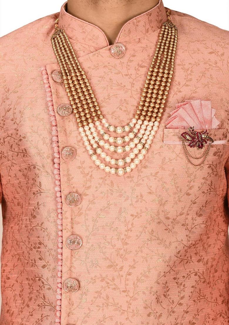 Peach Embroidered Jacquard Indo Western Sherwani Set For Men