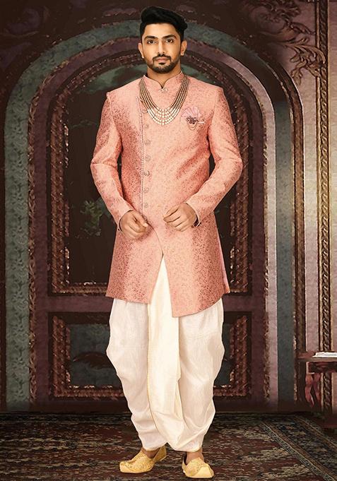 Peach Embroidered Jacquard Indo Western Sherwani Set For Men