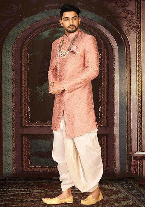 Peach Embroidered Jacquard Indo Western Sherwani Set For Men