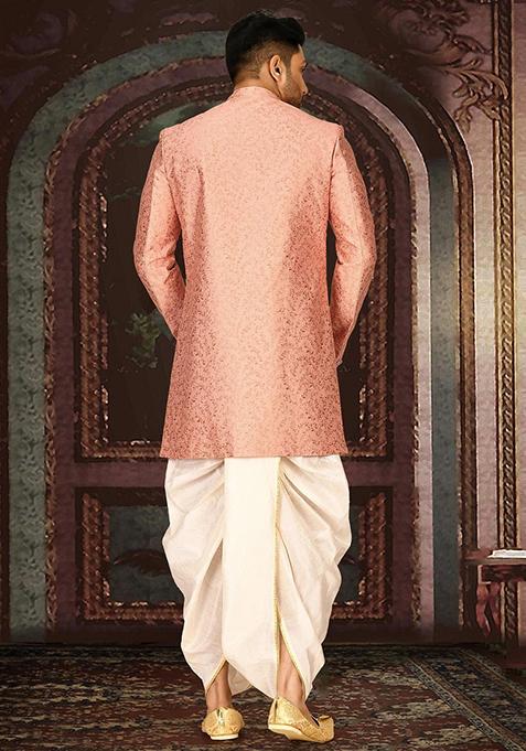 Peach Embroidered Jacquard Indo Western Sherwani Set For Men