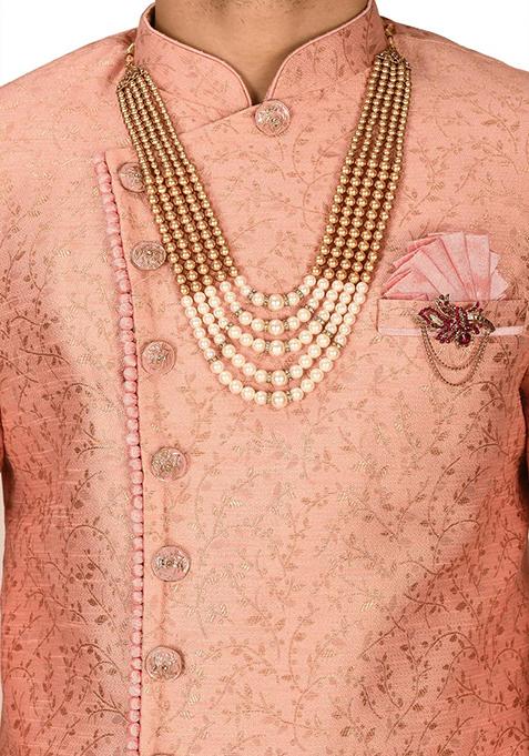 Peach Embroidered Jacquard Indo Western Sherwani Set For Men