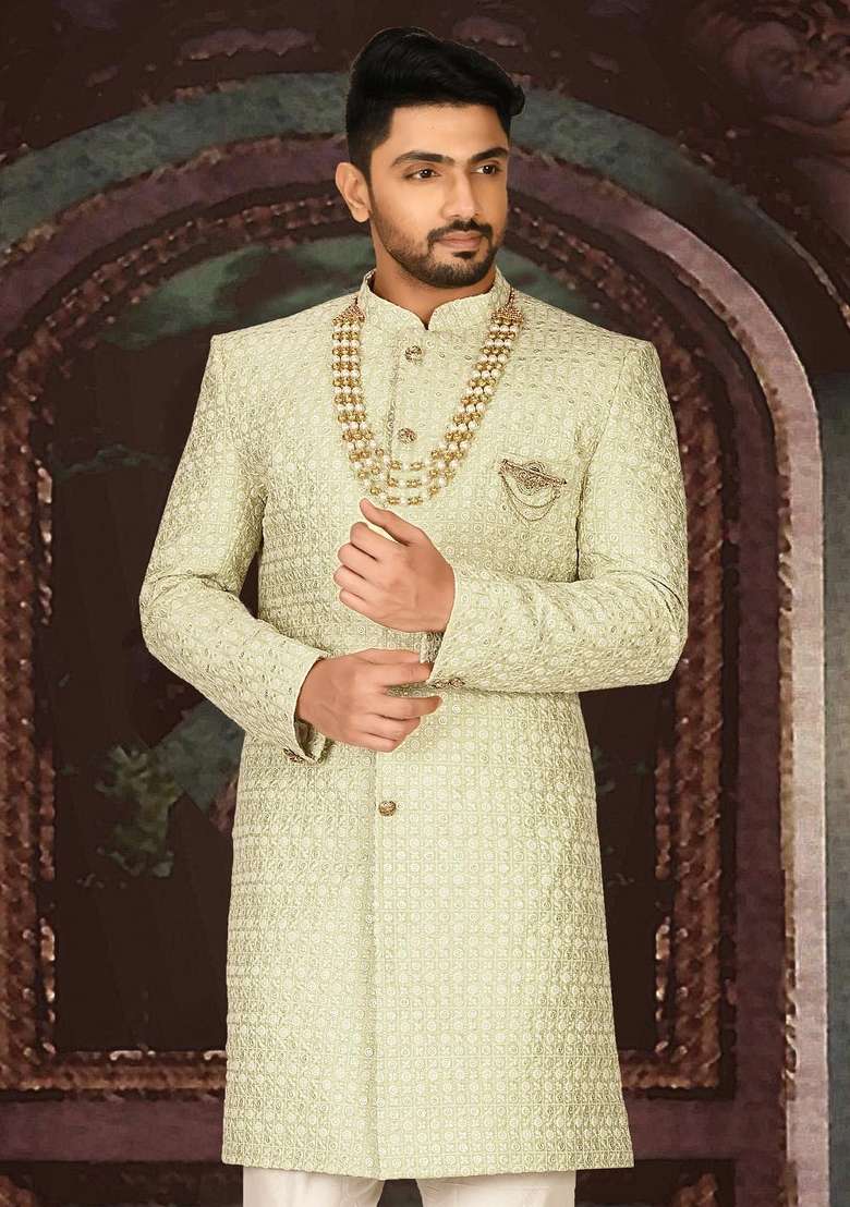 Pista Green Embroidered Dupion Art Silk Indo Western Sherwani For Men - Indya