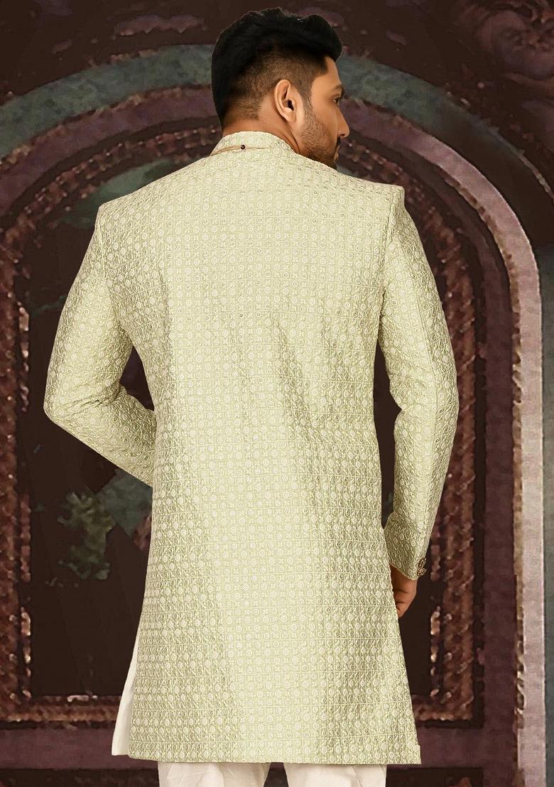 Pista Green Embroidered Dupion Art Silk Indo Western Sherwani For Men