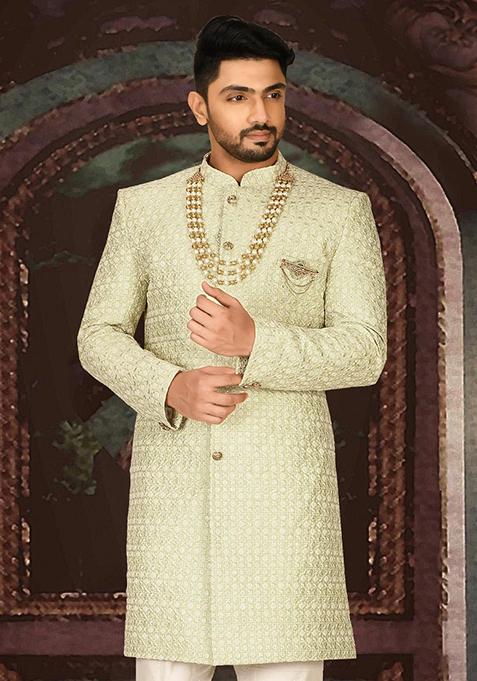Pista Green Embroidered Dupion Art Silk Indo Western Sherwani For Men