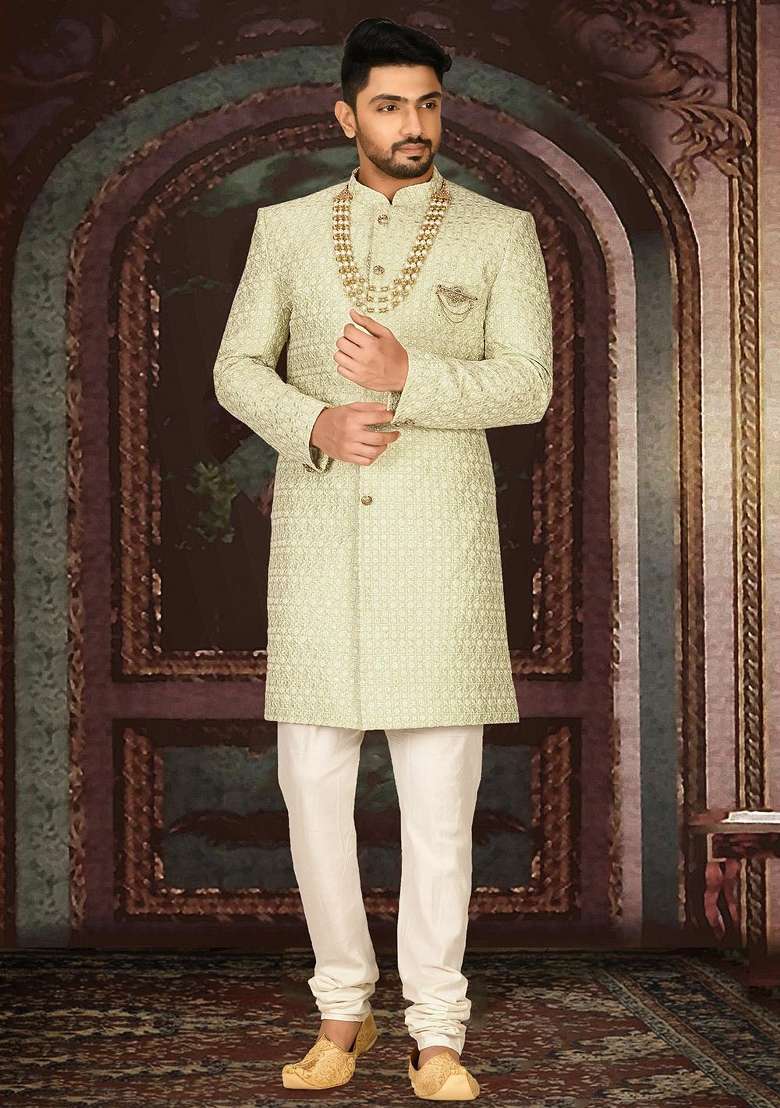 Pista Green Embroidered Dupion Art Silk Indo Western Sherwani Set For Men - Indya