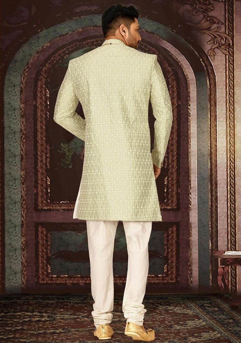 Pista Green Embroidered Dupion Art Silk Indo Western Sherwani Set For Men