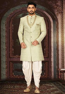 Pista Green Embroidered Dupion Art Silk Indo Western Sherwani Set For Men
