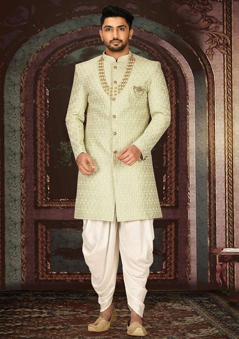 Pista Green Embroidered Dupion Art Silk Indo Western Sherwani Set For Men - Indya