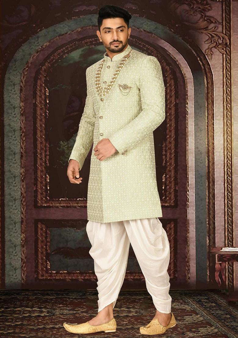 Pista Green Embroidered Dupion Art Silk Indo Western Sherwani Set For Men