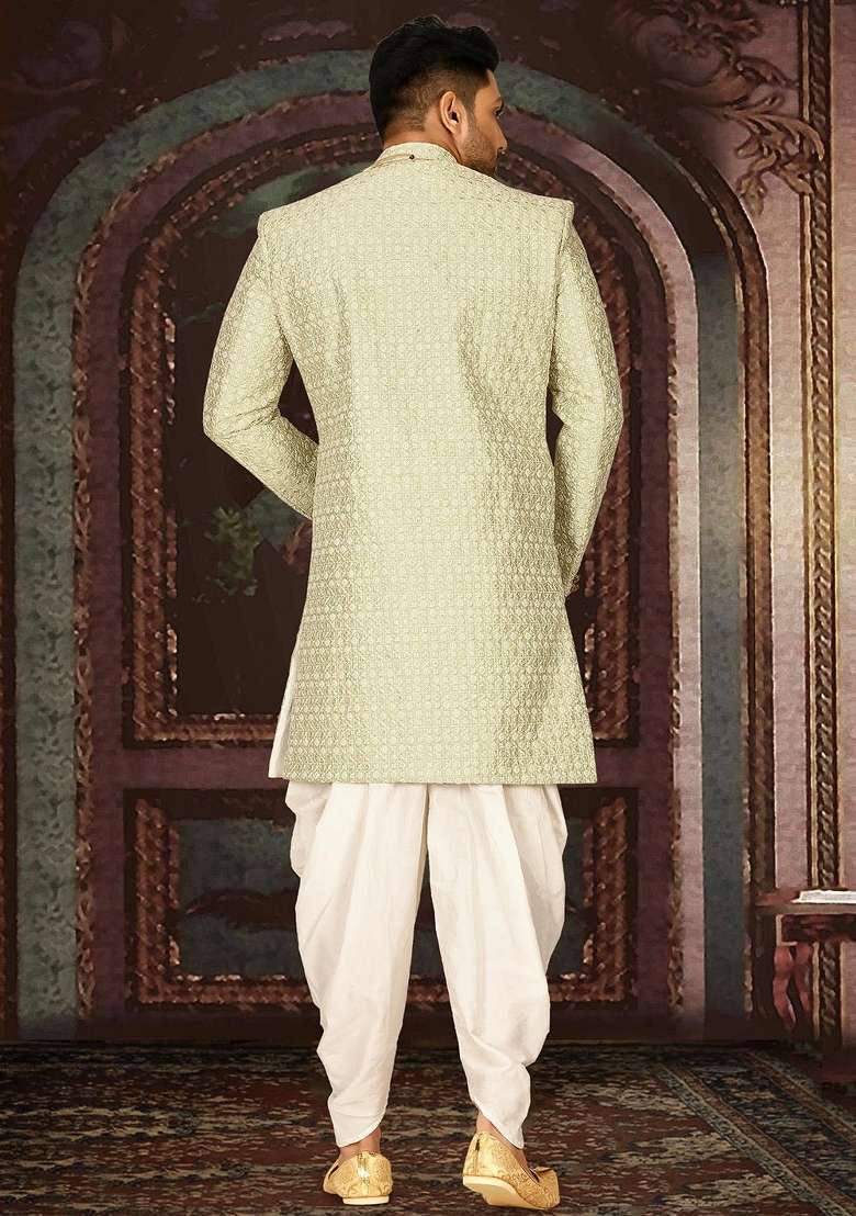 Pista Green Embroidered Dupion Art Silk Indo Western Sherwani Set For Men - Indya