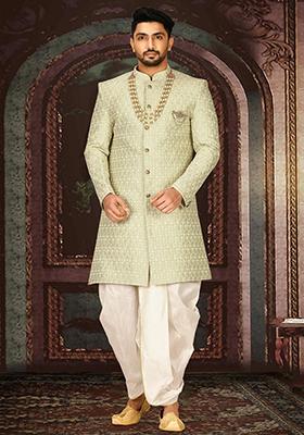 Pista Green Embroidered Dupion Art Silk Indo Western Sherwani Set For Men