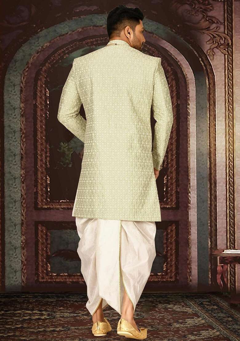 Pista Green Embroidered Dupion Art Silk Indo Western Sherwani Set For Men - Indya