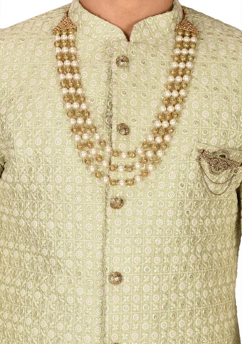 Pista Green Embroidered Dupion Art Silk Indo Western Sherwani Set For Men