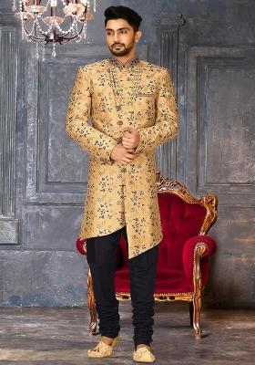 Light Beige Embroidered Dupion Art Silk Indo Western Sherwani For Men