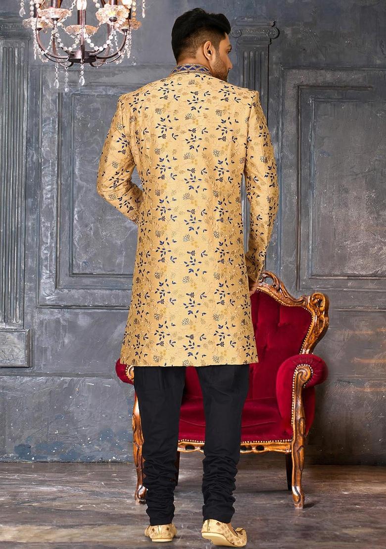 Light Beige Embroidered Dupion Art Silk Indo Western Sherwani For Men
