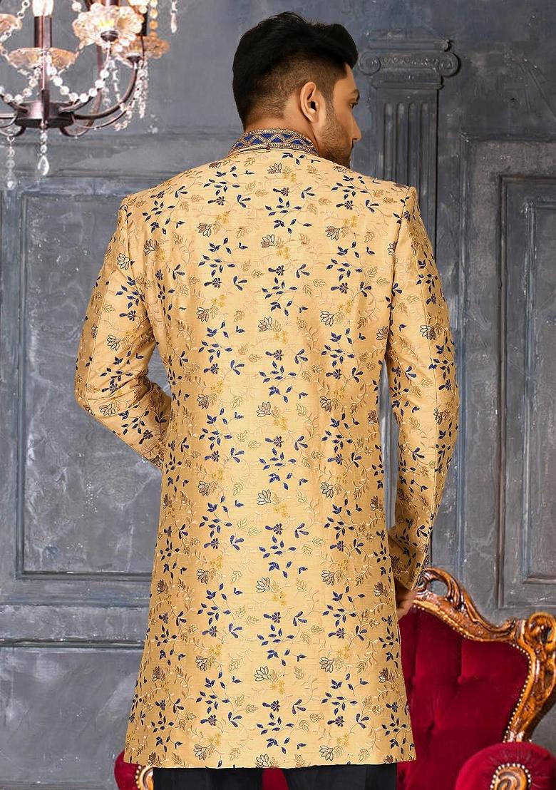 Light Beige Embroidered Dupion Art Silk Indo Western Sherwani For Men