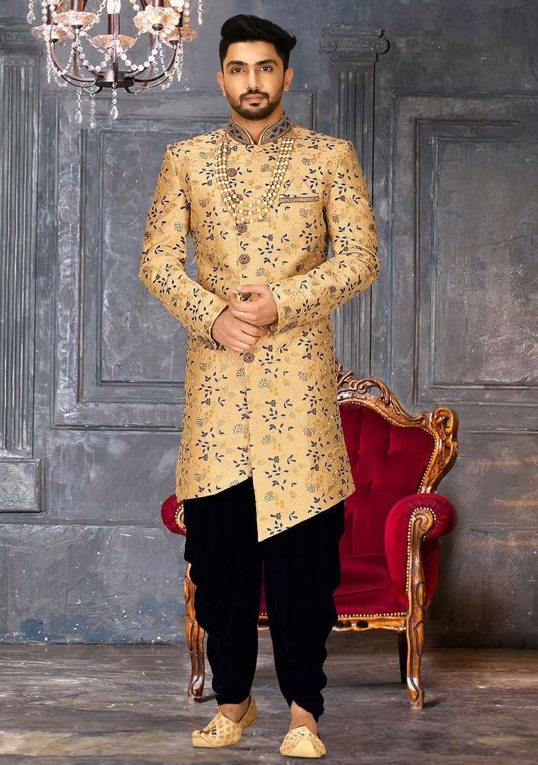 Light Beige Embroidered Dupion Art Silk Indo Western Sherwani Set For Men - Indya