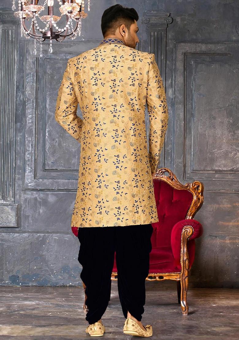 Light Beige Embroidered Dupion Art Silk Indo Western Sherwani Set For Men