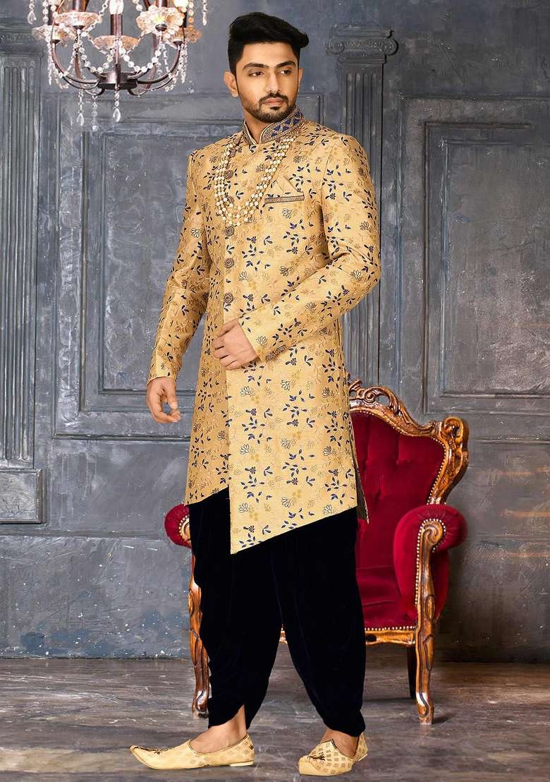 Light Beige Embroidered Dupion Art Silk Indo Western Sherwani Set For Men - Indya