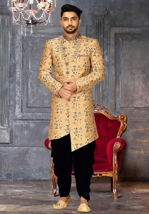 Light Beige Embroidered Dupion Art Silk Indo Western Sherwani Set For Men — view on Indya