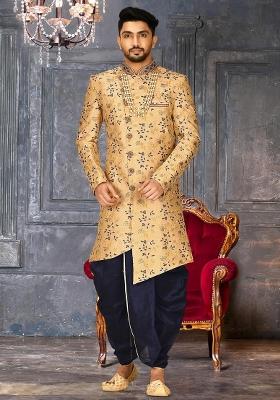 Light Beige Embroidered Dupion Art Silk Indo Western Sherwani Set For Men