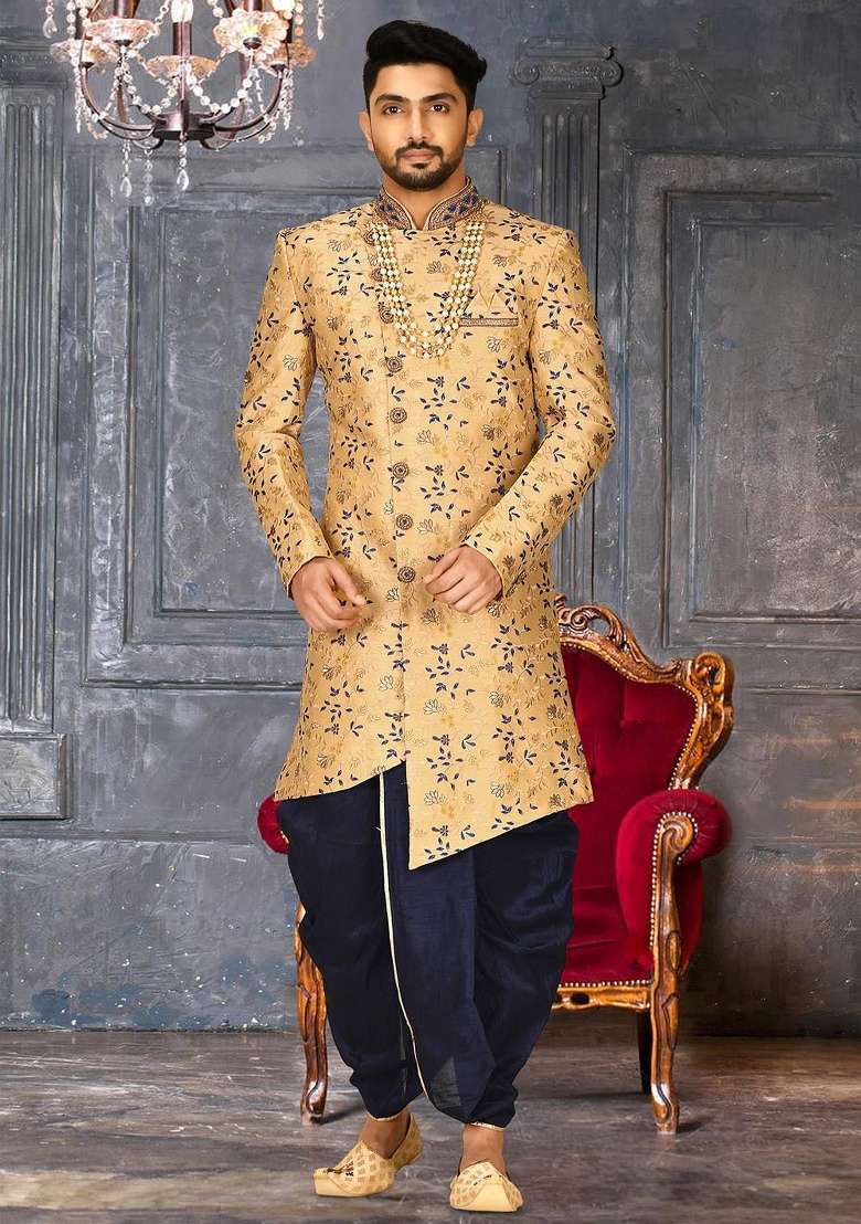 Light Beige Embroidered Dupion Art Silk Indo Western Sherwani Set For Men - Indya