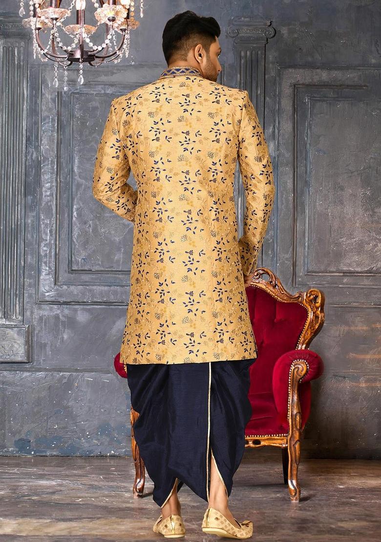Light Beige Embroidered Dupion Art Silk Indo Western Sherwani Set For Men