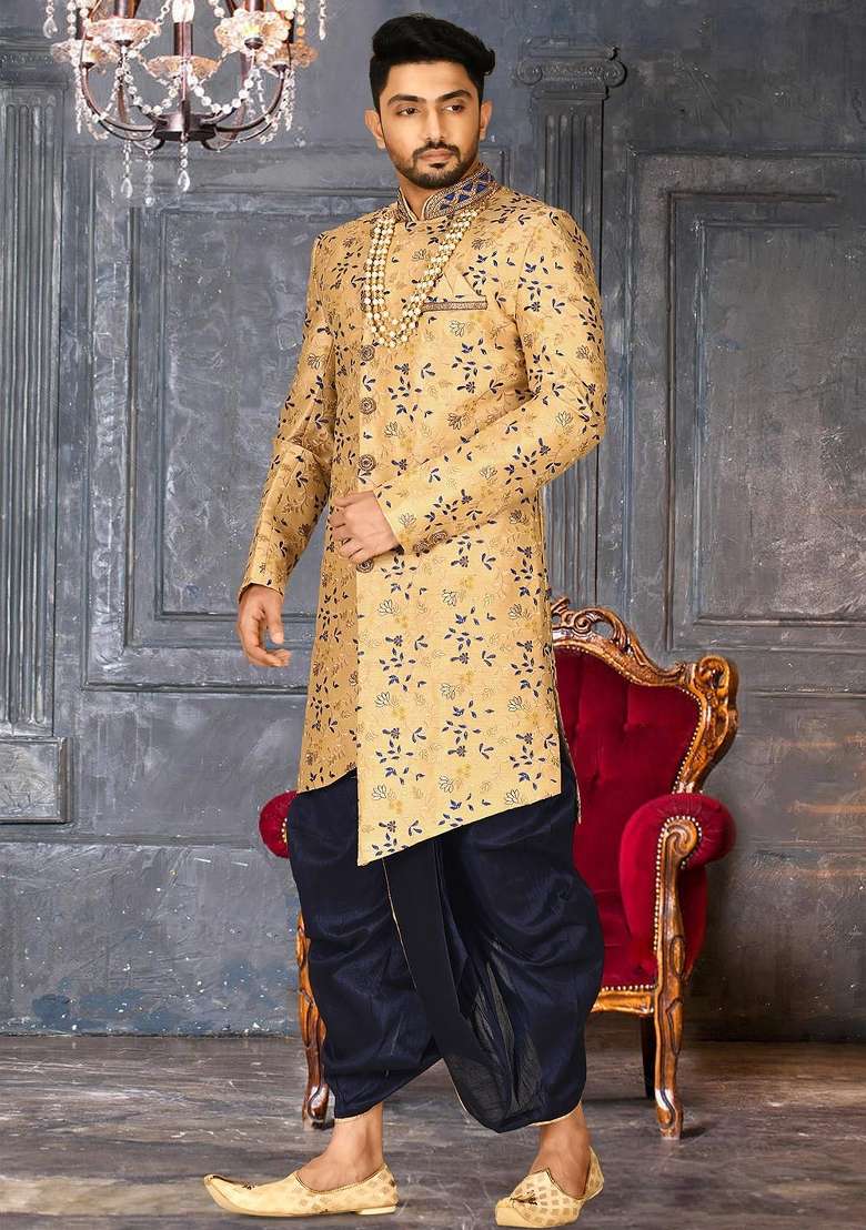 Light Beige Embroidered Dupion Art Silk Indo Western Sherwani Set For Men - Indya