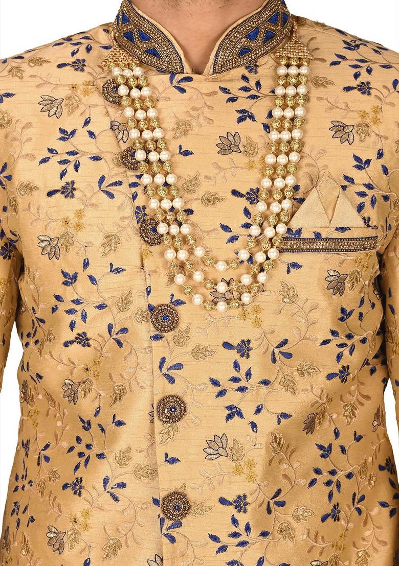 Light Beige Embroidered Dupion Art Silk Indo Western Sherwani Set For Men