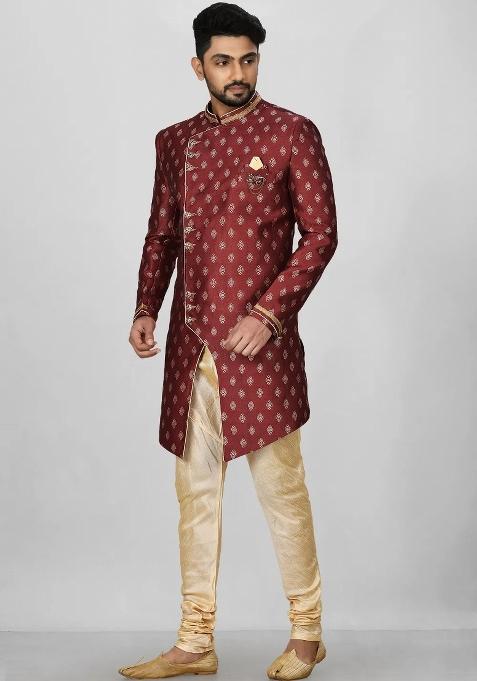 Red Embroidered Jacquard Indo Western Sherwani For Men