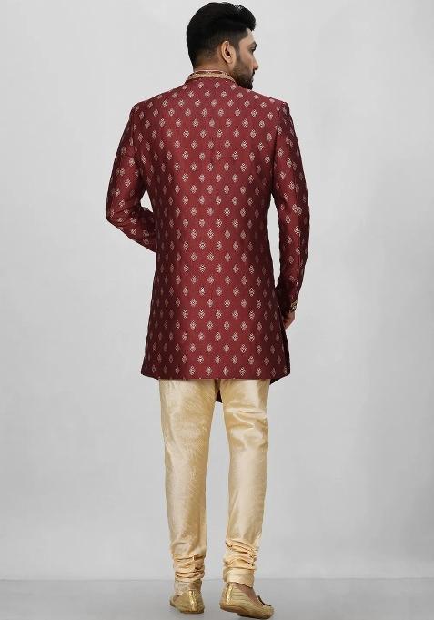 Red Embroidered Jacquard Indo Western Sherwani For Men