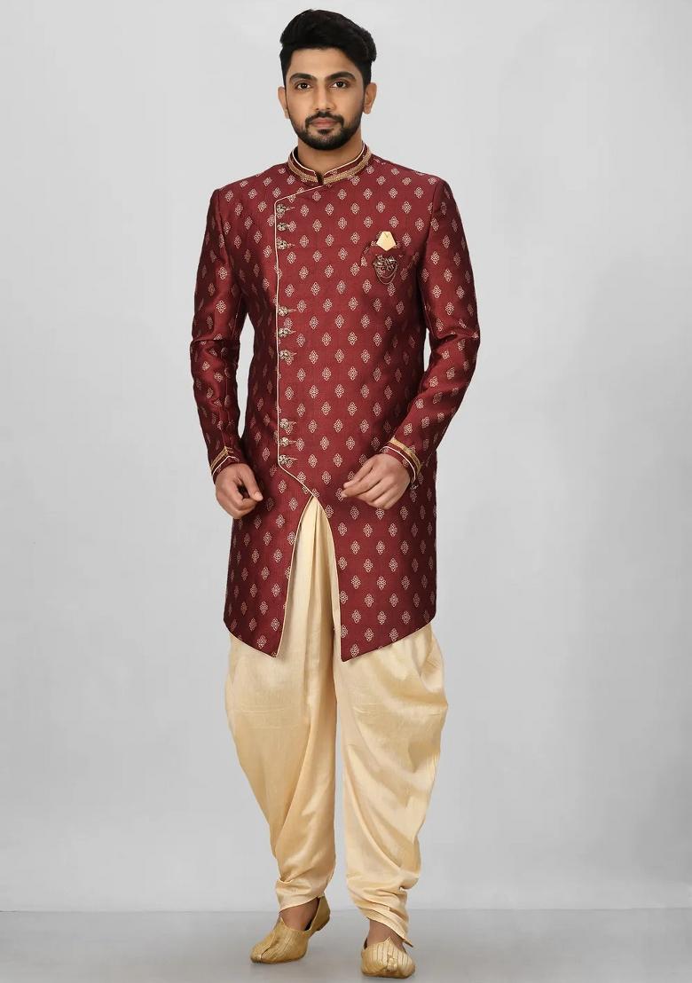 Red Embroidered Jacquard Indo Western Sherwani Set For Men