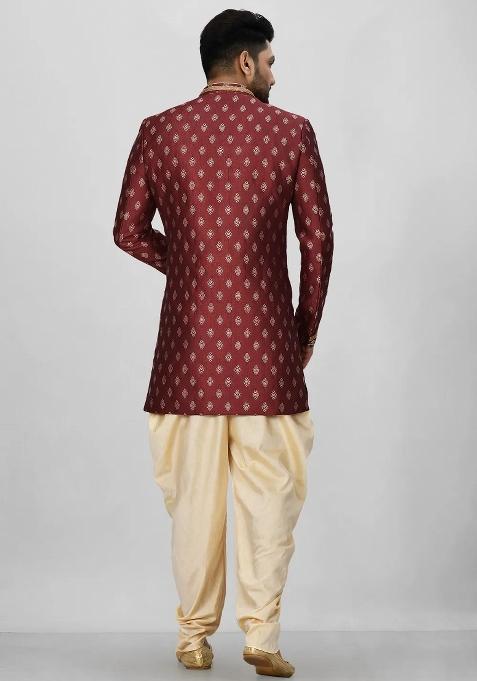 Red Embroidered Jacquard Indo Western Sherwani Set For Men