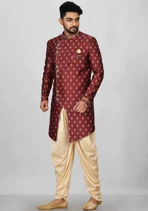 Red Embroidered Jacquard Indo Western Sherwani Set For Men